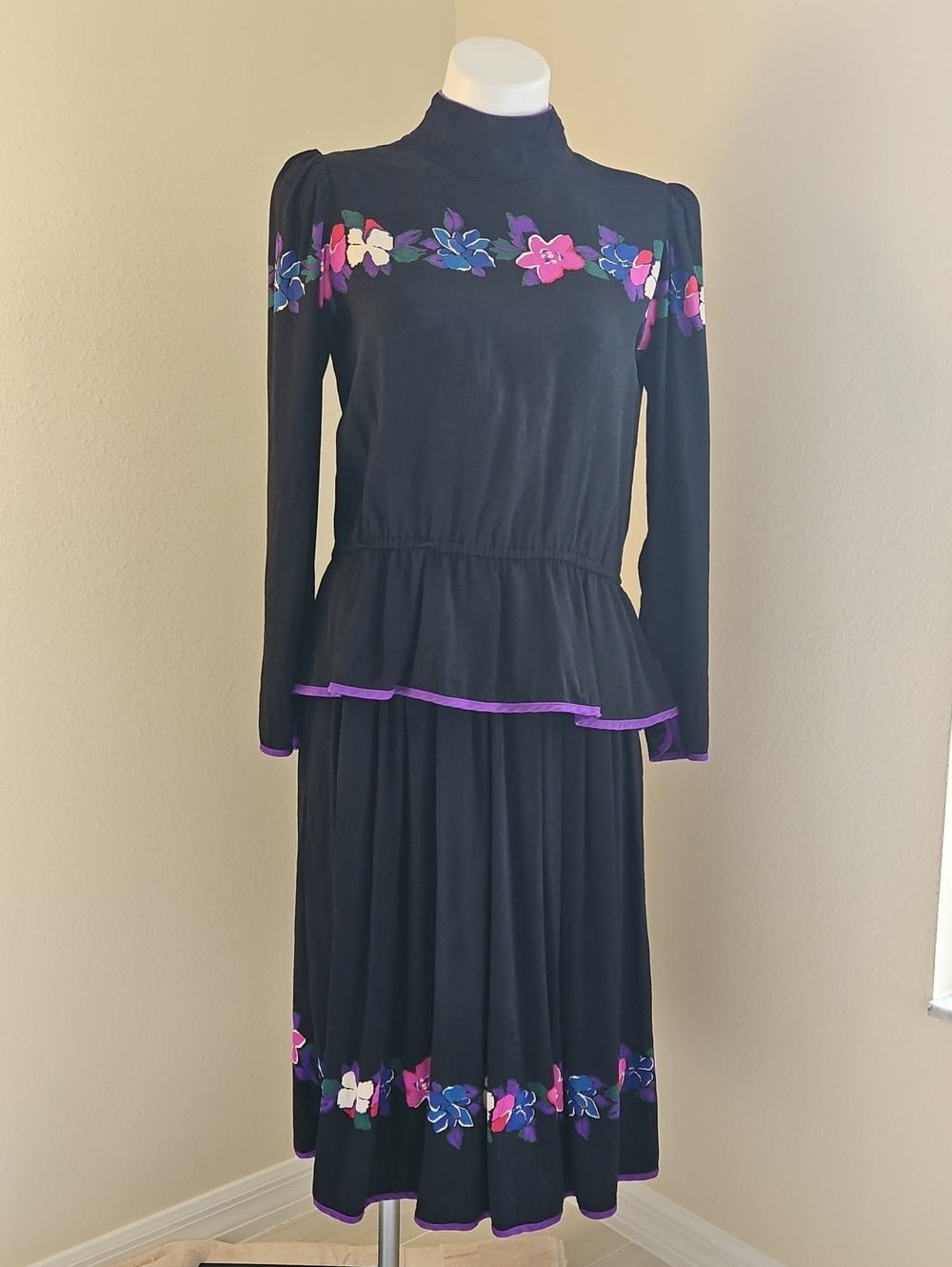 Mary McFadden Jack Mulqueen Silk Long-Sleeve  Peplum Blouse Skirt Dress